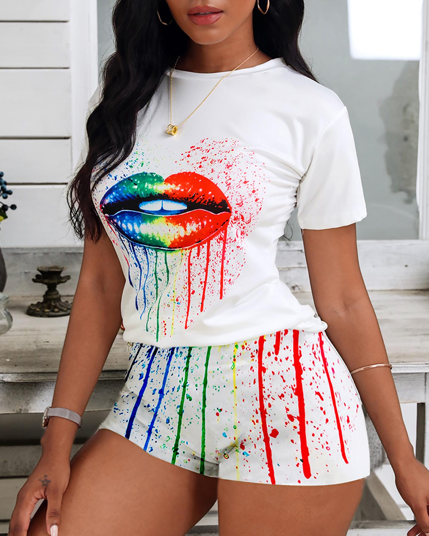 

Lip Tie Dye Print Top & Shorts Set, White
