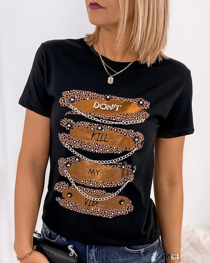 

O Neck Chain Decor Letter Leopard Print T-shirt, Black