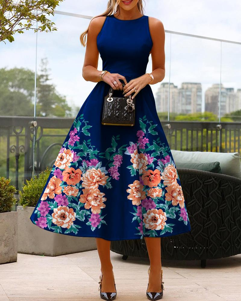 

Floral Print Sleeveless Flared Dress, Blue