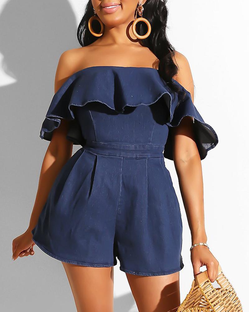 

Off Shoulder Ruffles Denim Romper, Dark blue