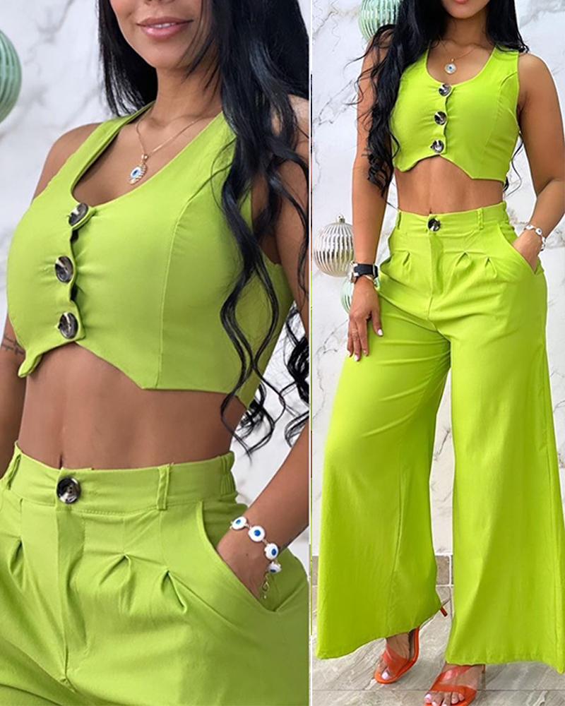 

Buttoned Asymmetrical Top & Wide Leg Pants Set, Green