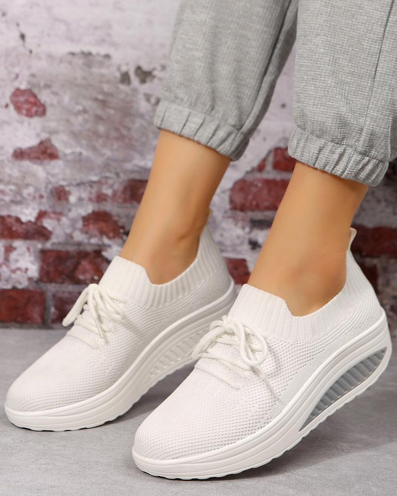 

Breathable Lace-up Knit Muffin Sneakers, White