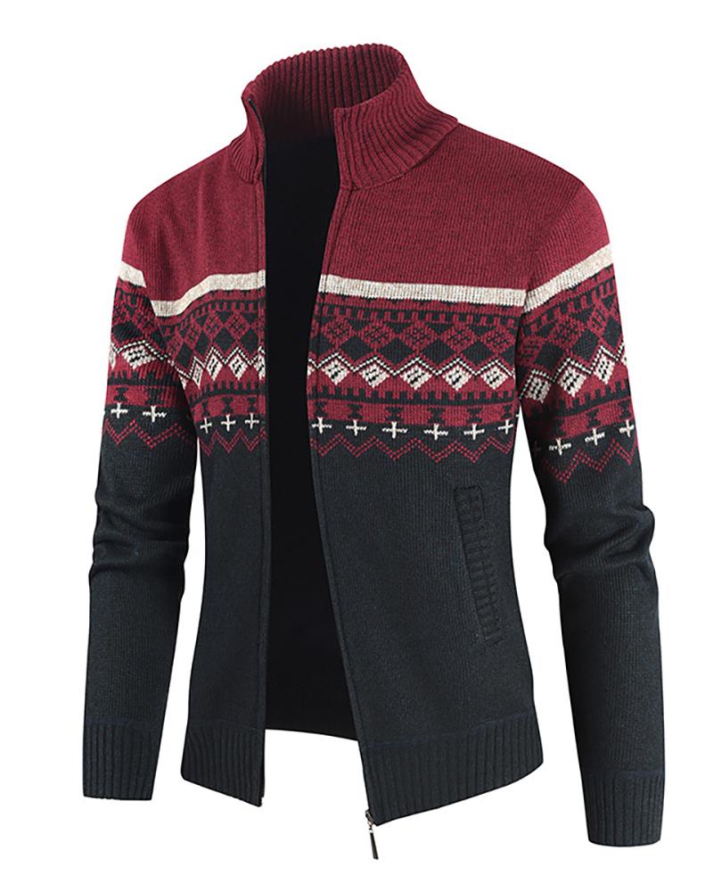 

Men Colorblock Zipper Design Cardigan, Red