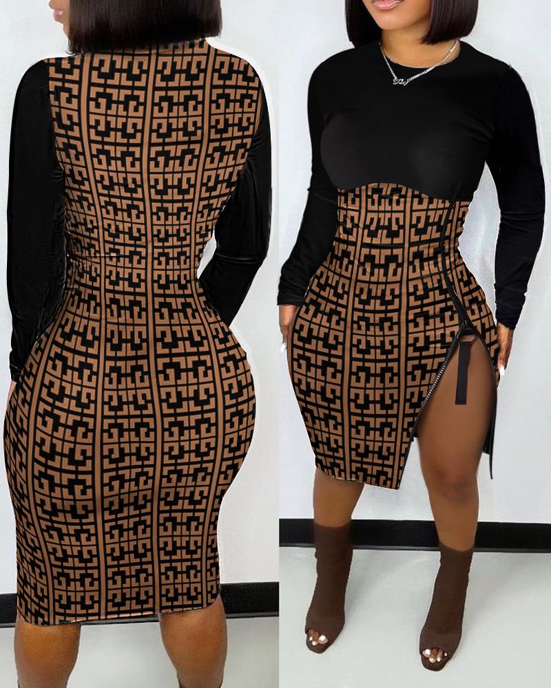 Geo Print Zipper Detail Bodycon Dress