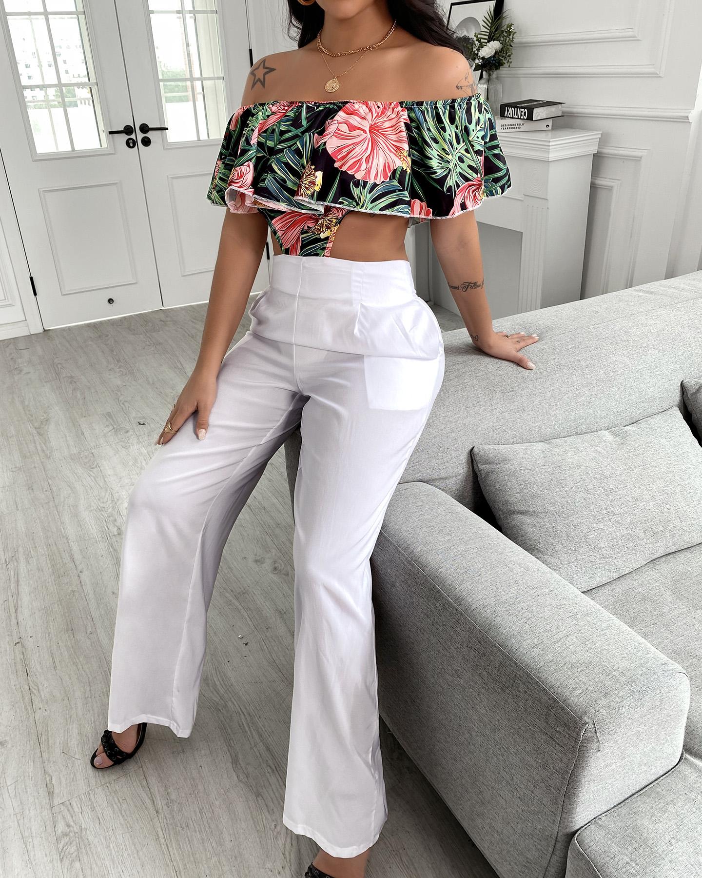 

Off Shoulder Floral Print High Waist Jumpsuit, White