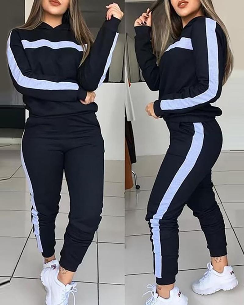 

Striped Tape Hooded Top & Pocket Design Pants Set, Black