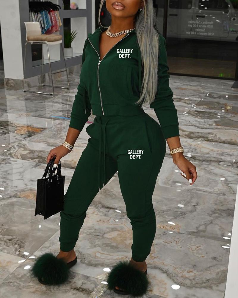 

Letter Print Zipper Design Hooded Top & Pants Set, Green