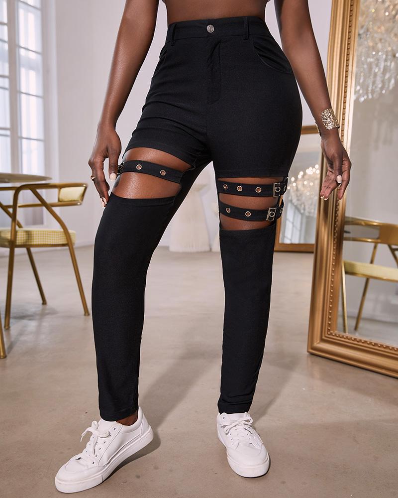 

Eyelet Buckled Cutout Single Button Skinny Pants, Black