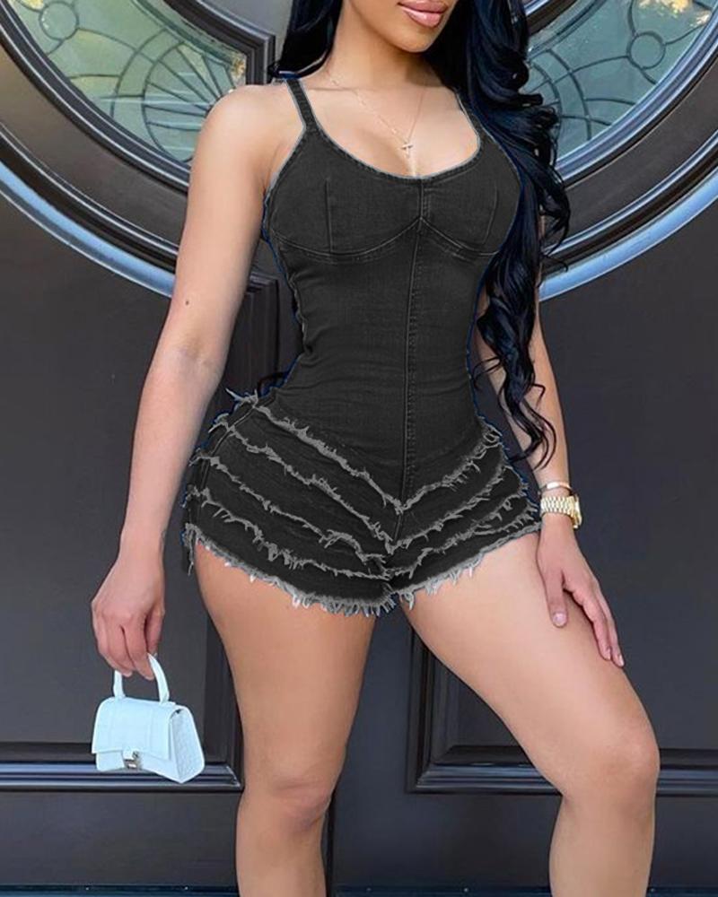 

Plain Short Bodycon Denim Rompers, Black