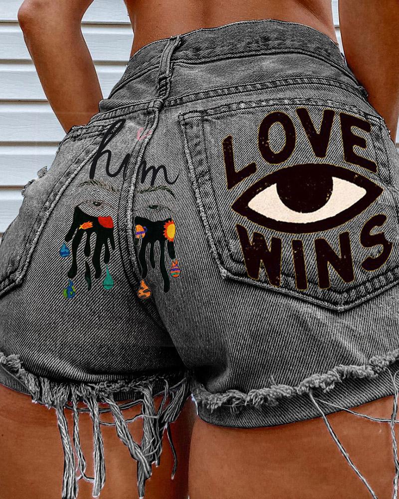 

High Waist Eye Letter Print Ripped Denim Shorts, Gray