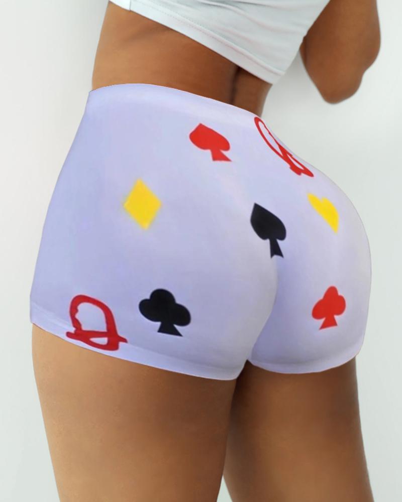 

Poker Print High Waist Casual Shorts, White