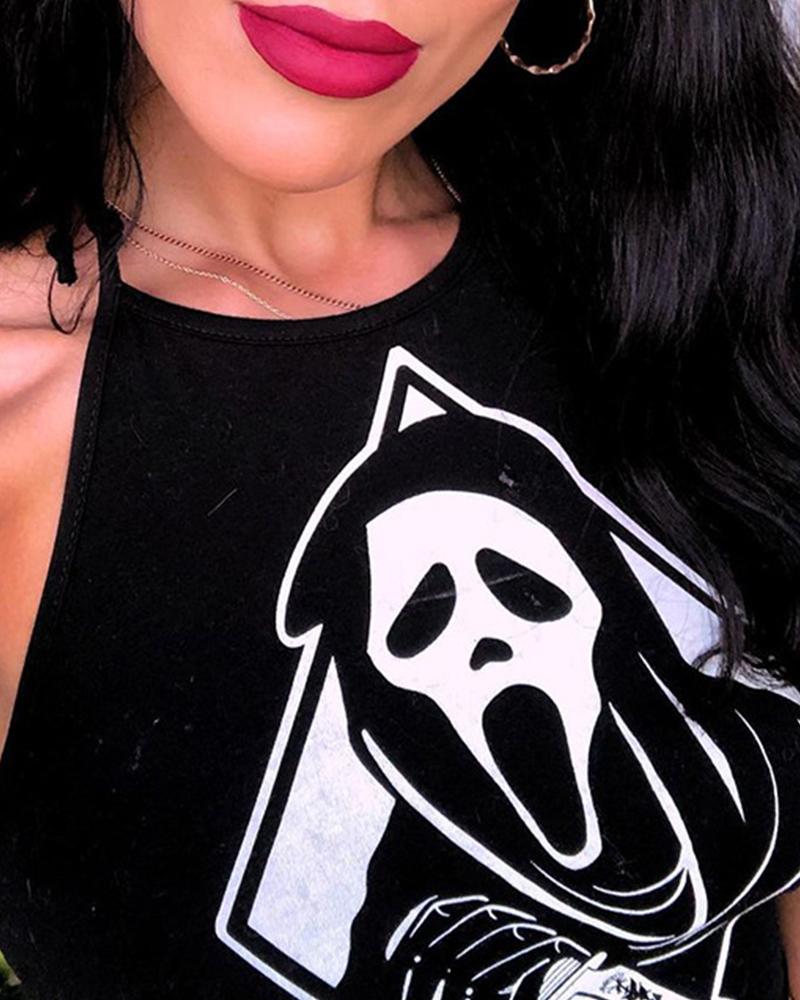 

Grim Reaper Print Halter Sleeveless Cropped Top, Black