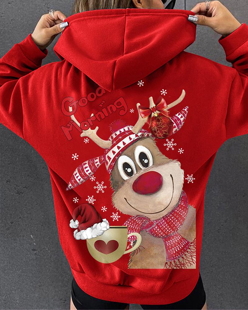 

Christmas Reindeer Letter Print Long Sleeve Hoodie, Red