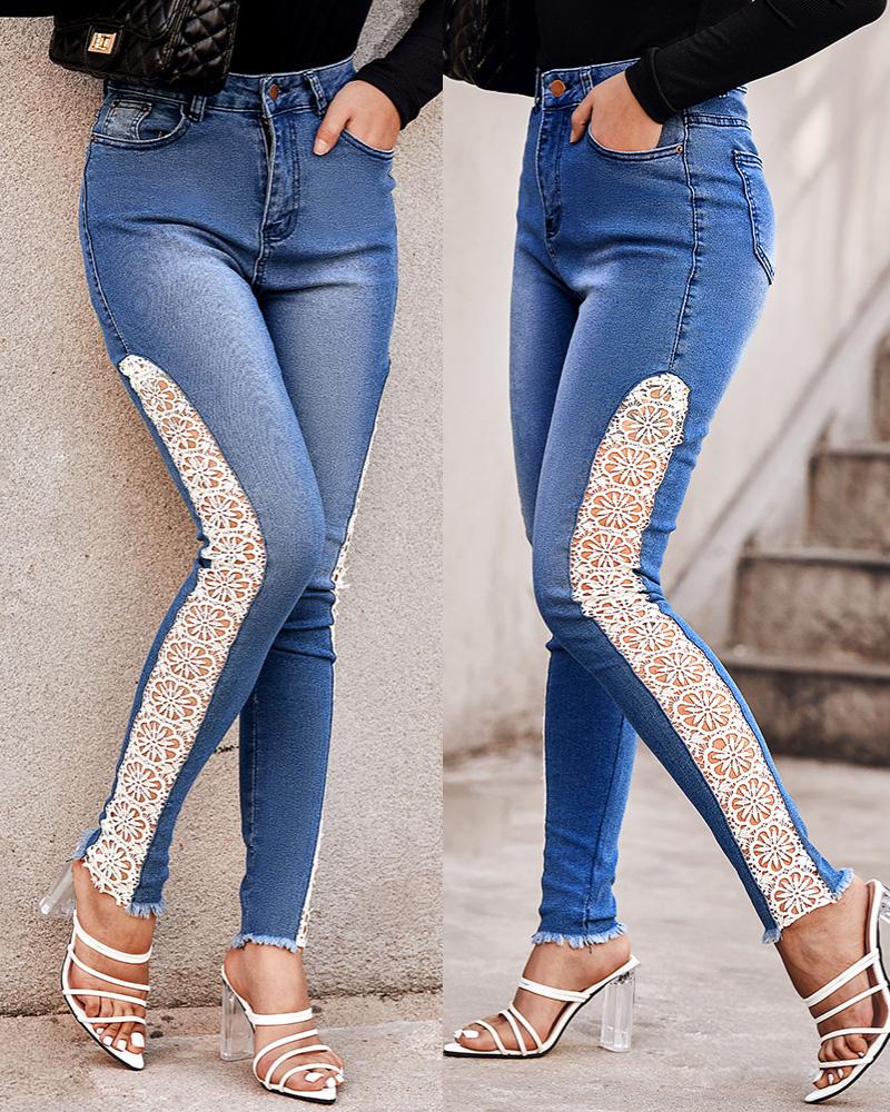 

Contrast Lace Raw Hem Skinny Jeans, Blue