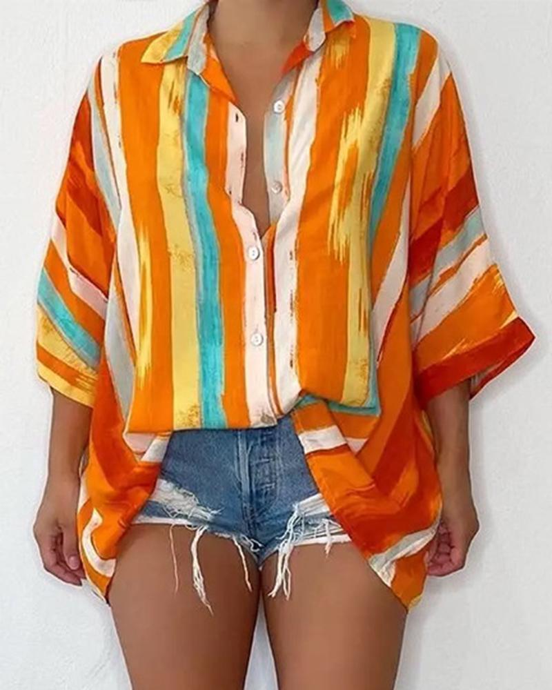 

Striped Print Buttoned Dip Hem Shirt, Orange