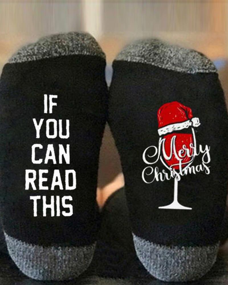 

1Pair Christmas Slogan Wine Glass Print Colorblock Crew Socks, Style4