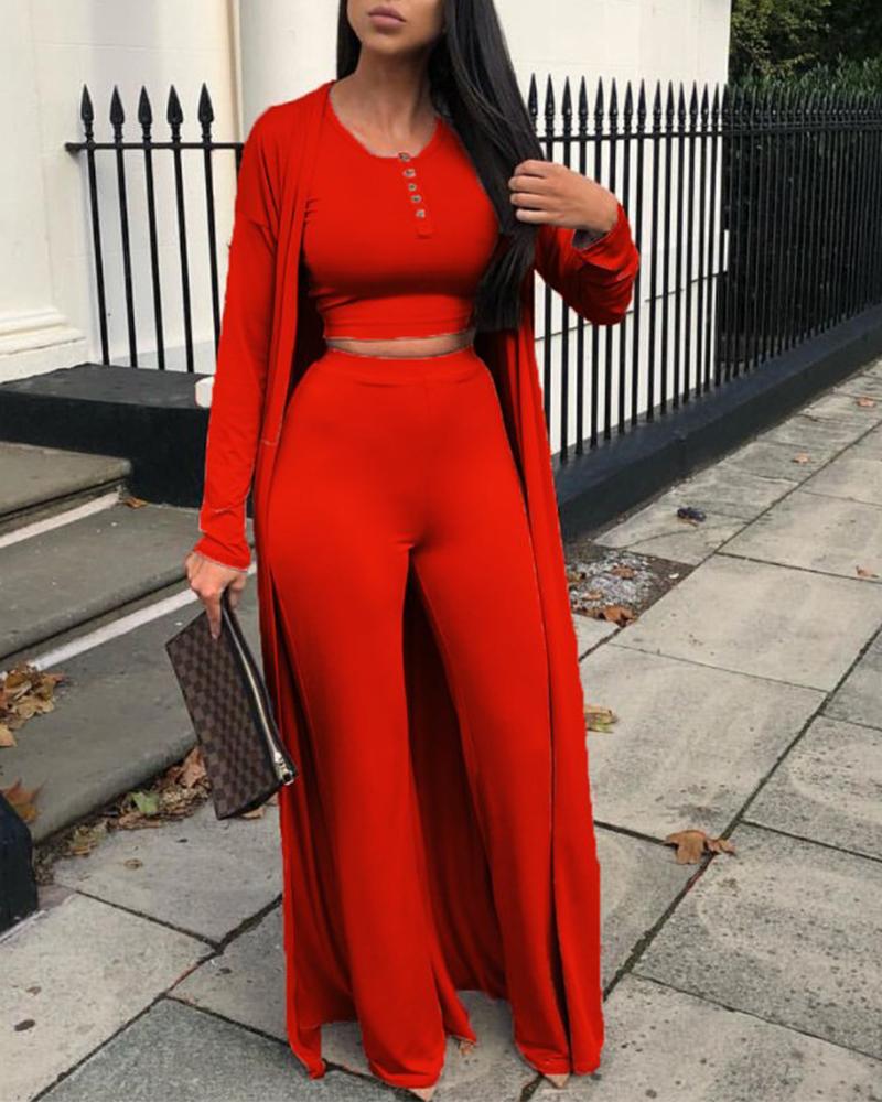 

3PCS Crop Top & Pants Set With Longline Coat, Red