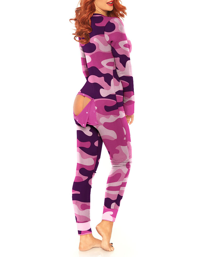 

Camouflage Functional Buttoned Flap Adults Pajamas, Pink