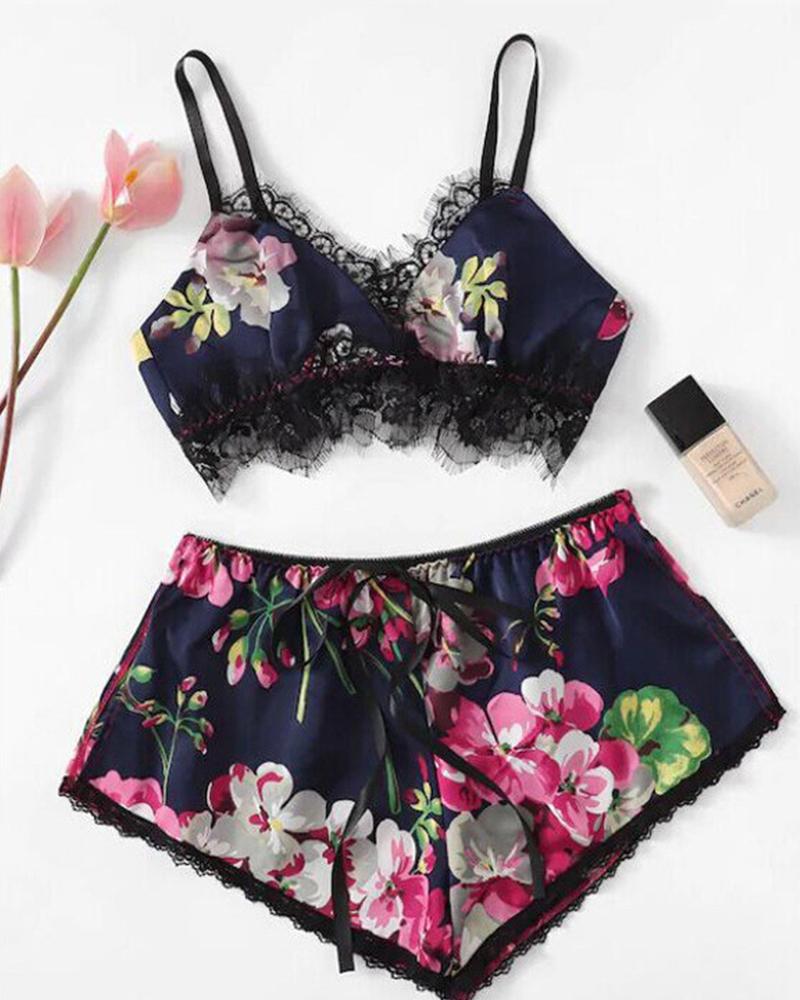 

Floral Lace Trim Cami Set, Purplish blue