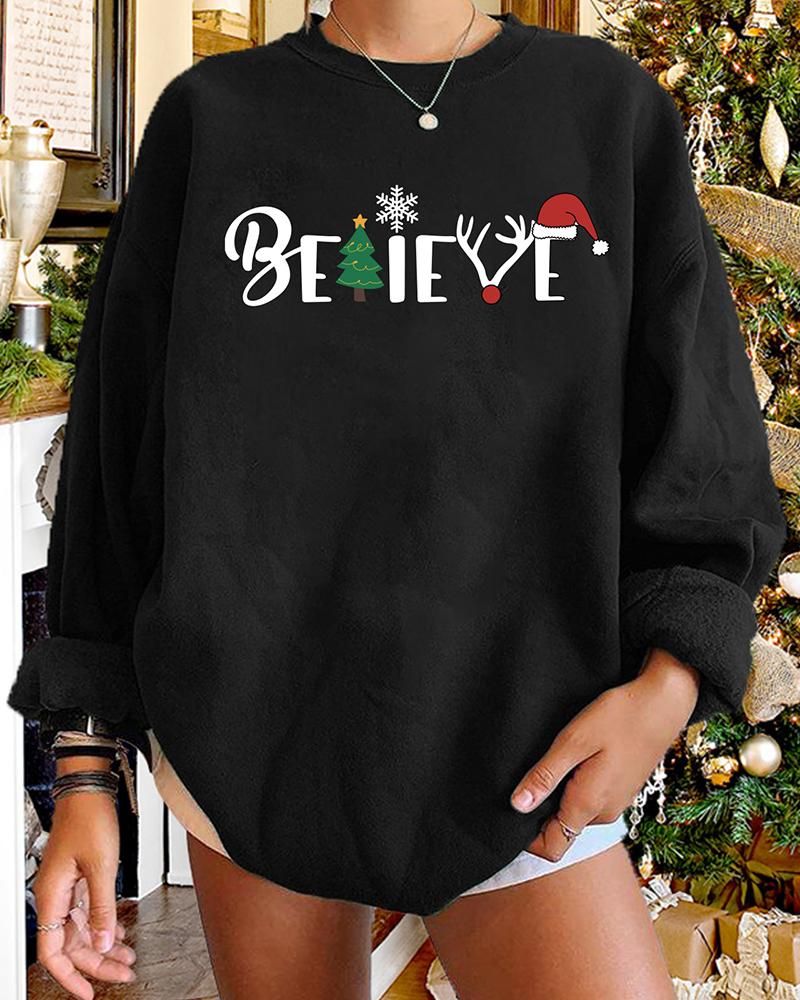 

Christmas Letter Tree Hat Print Long Sleeve Sweatshirt, Black