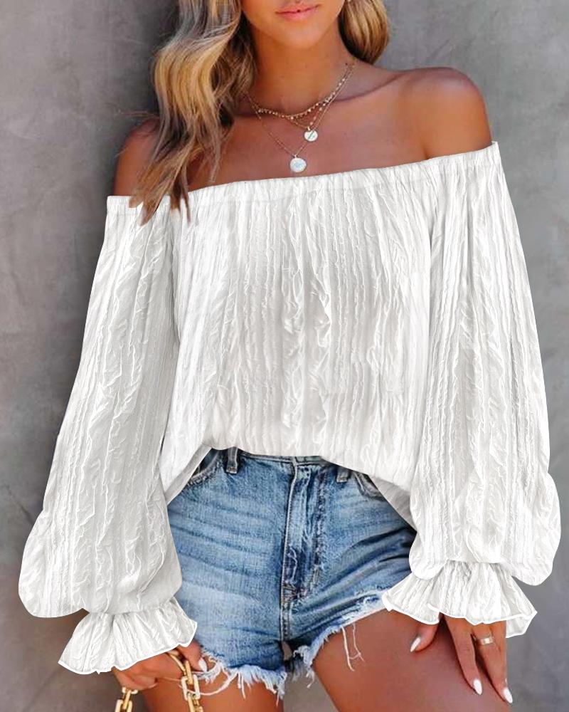 

Off Shoulder Lantern Sleeve Textured Top, White