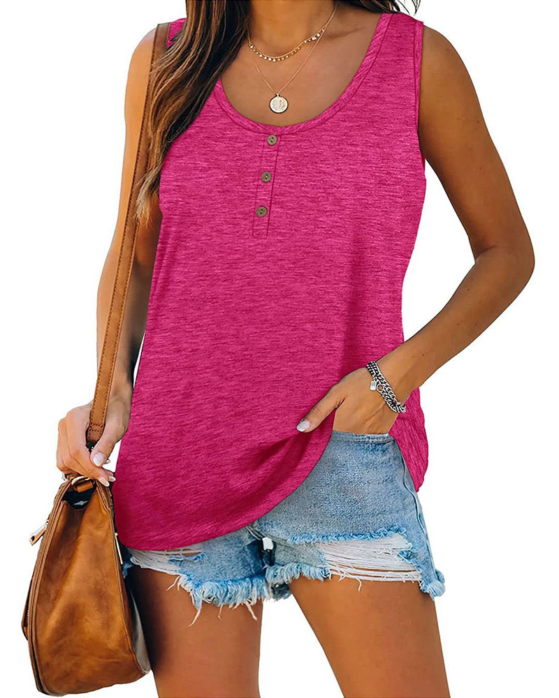 

Button Decor U-Neck Casual Tank Top, Hot pink