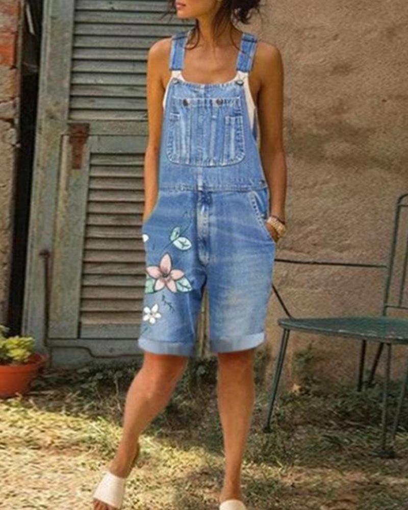 

Floral Knee Length Denim Overalls, Lighted blue