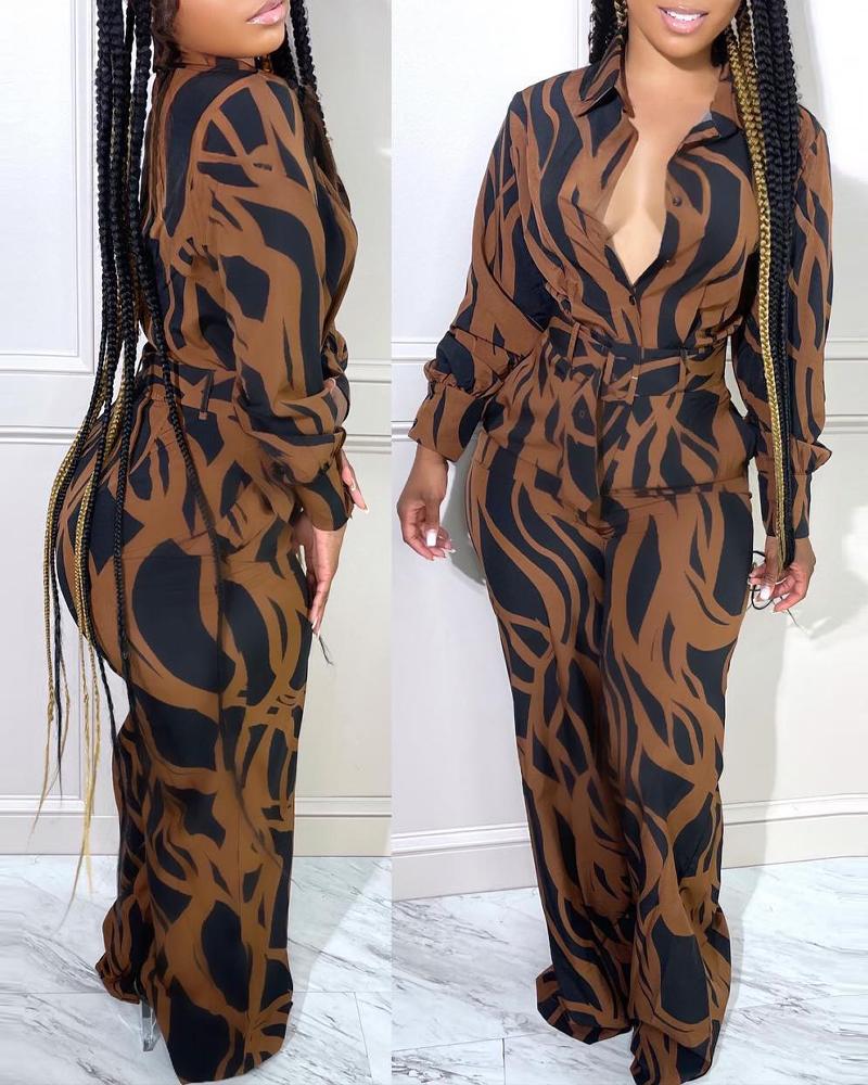 

Geo Print Long Sleeve Shirt & Pants Set, Brown
