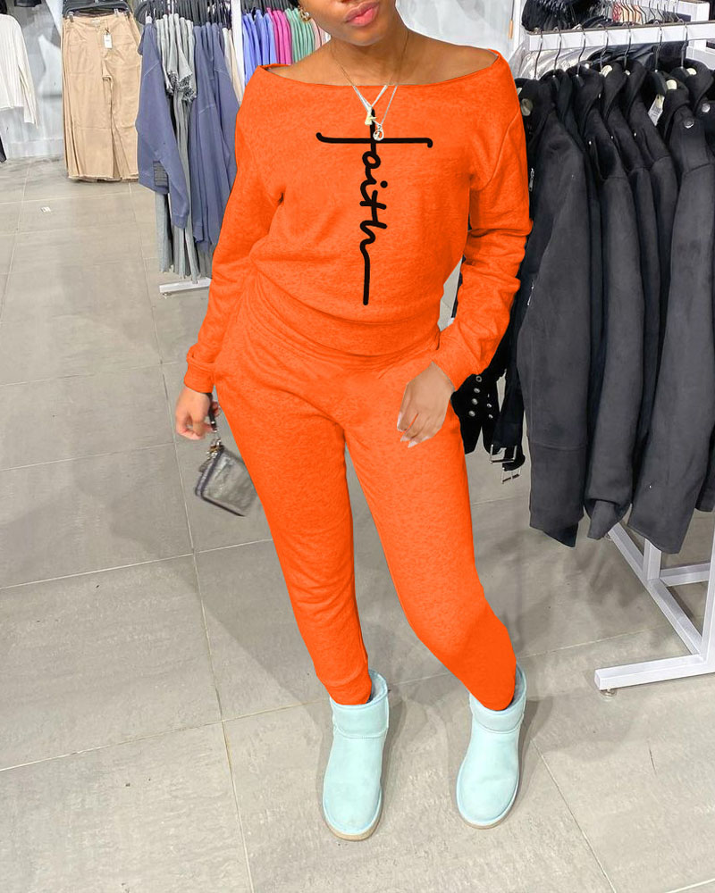 

Letter Print Long Sleeve Top & Pants Set, Orange
