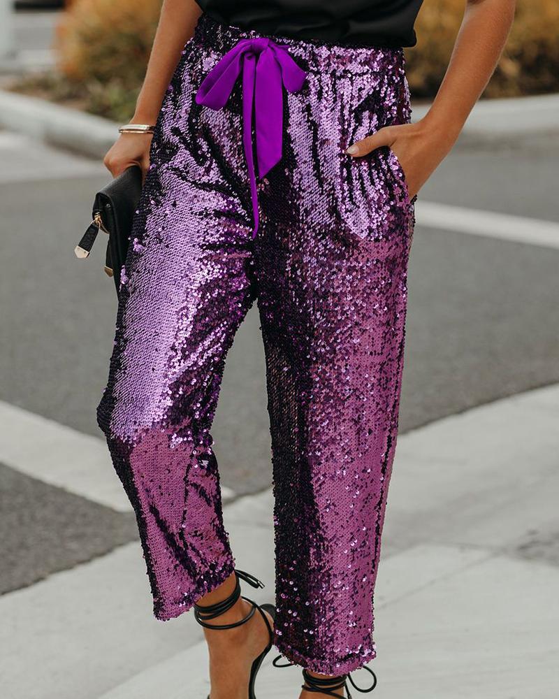 

Tied Detail Pocket Design Allover Sequins Pants, Purple