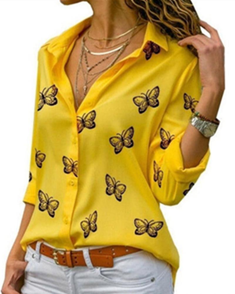 

Butterflies Print Long Sleeve Shirt, Yellow