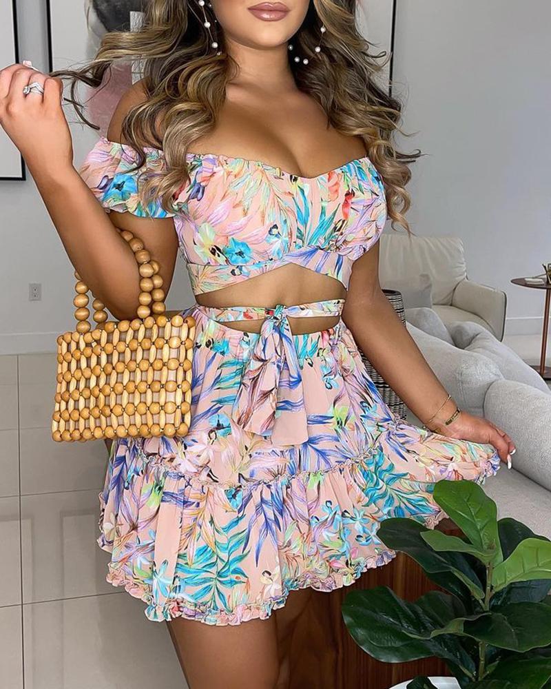 

Off Shoulder Floral Print Top & Frill Hem Skirt Set, Pink