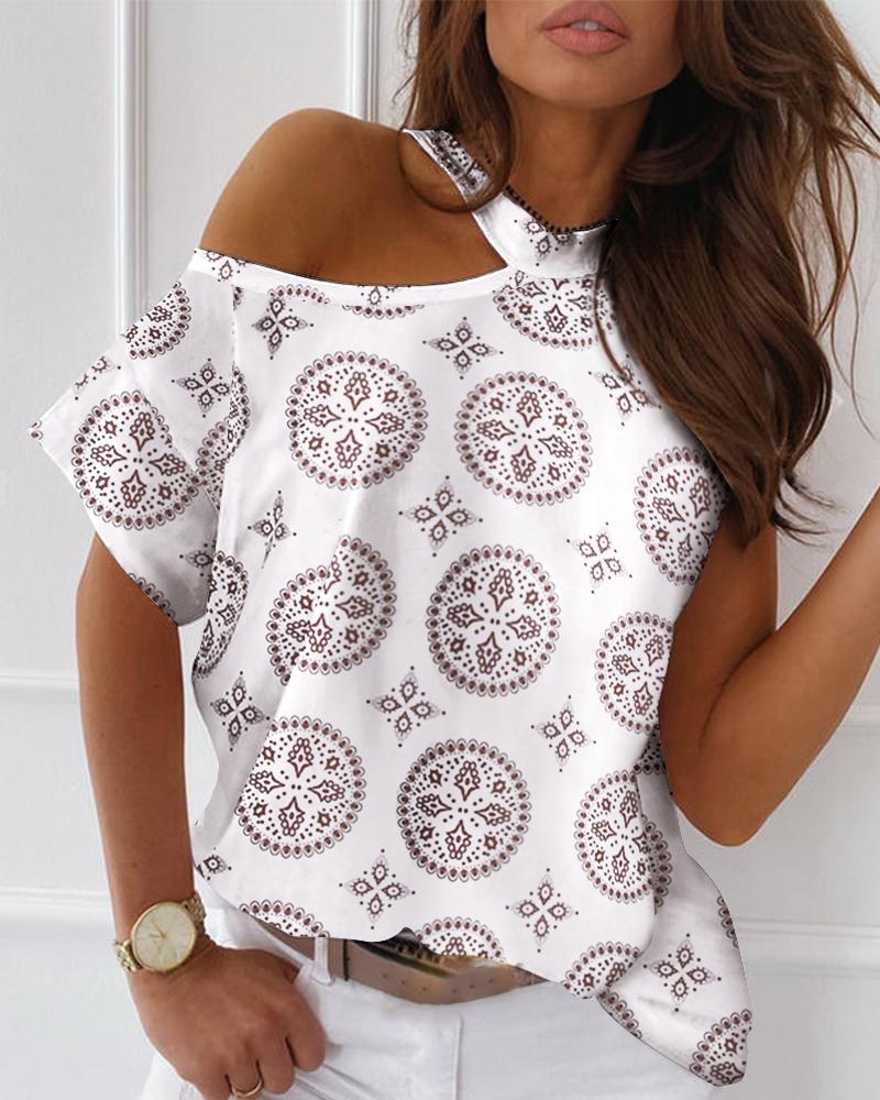 

Retro Print Cold Shoulder Casual T-shirt, White