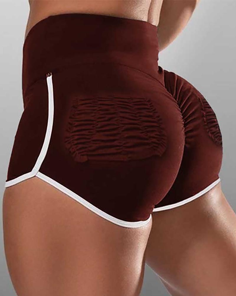

Contrast Binding Wide Waistband Ruched Shorts, Wine red