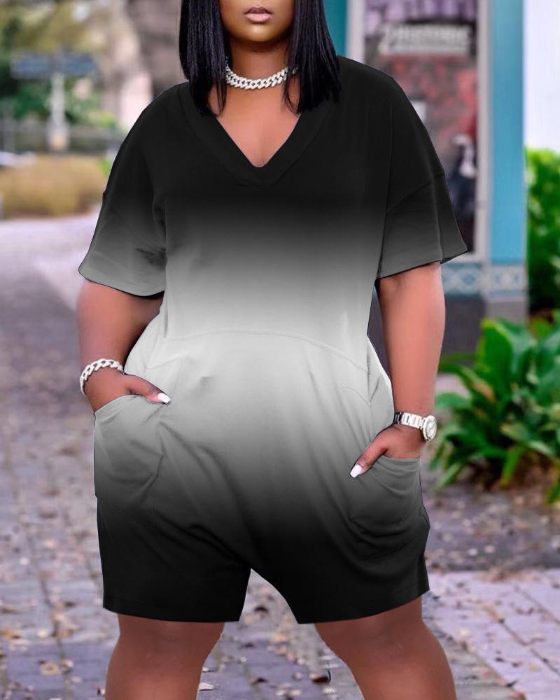 

Colorblock Short Sleeve Pocket Design Romper, Black