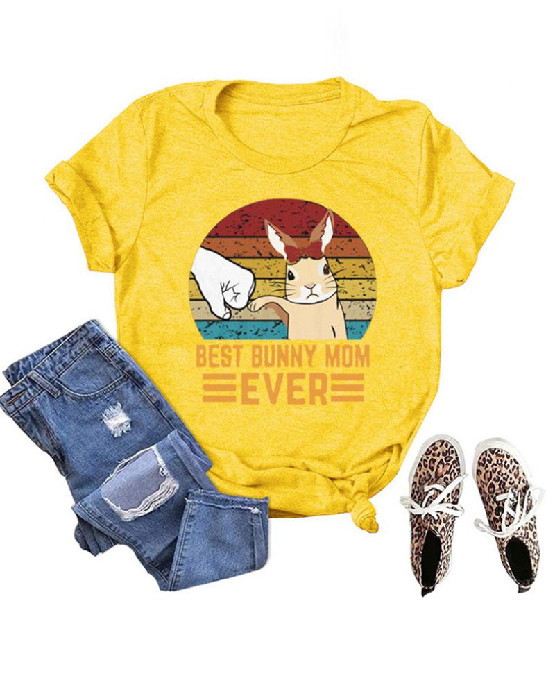 

Happy Easter Bunny Print T-shirt Holiday Graphic Tee, Yellow