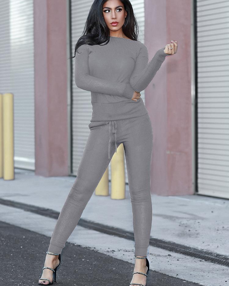 

Fashion Autumn Solid Casual Knitted Suit Set - Gray