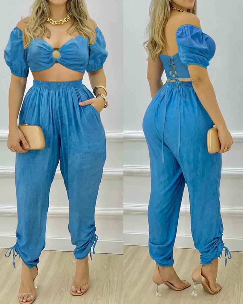 

Solid Puff Sleeve Lace-up O-Ring Crop Top & Pants Set, Blue