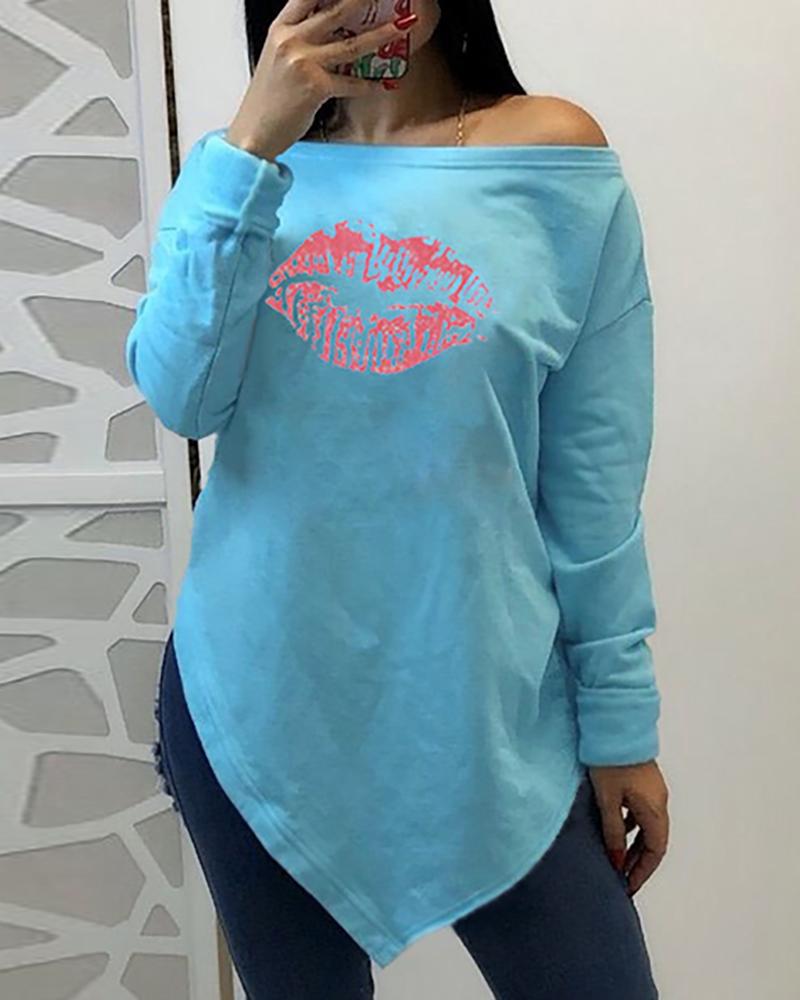 

Lip Print Long Sleeve Casual Irregular Top, Blue