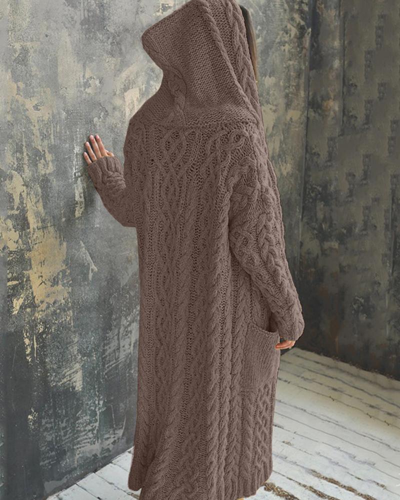 

Long Sleeve Cable Knit Hooded Cardigan, Coffee