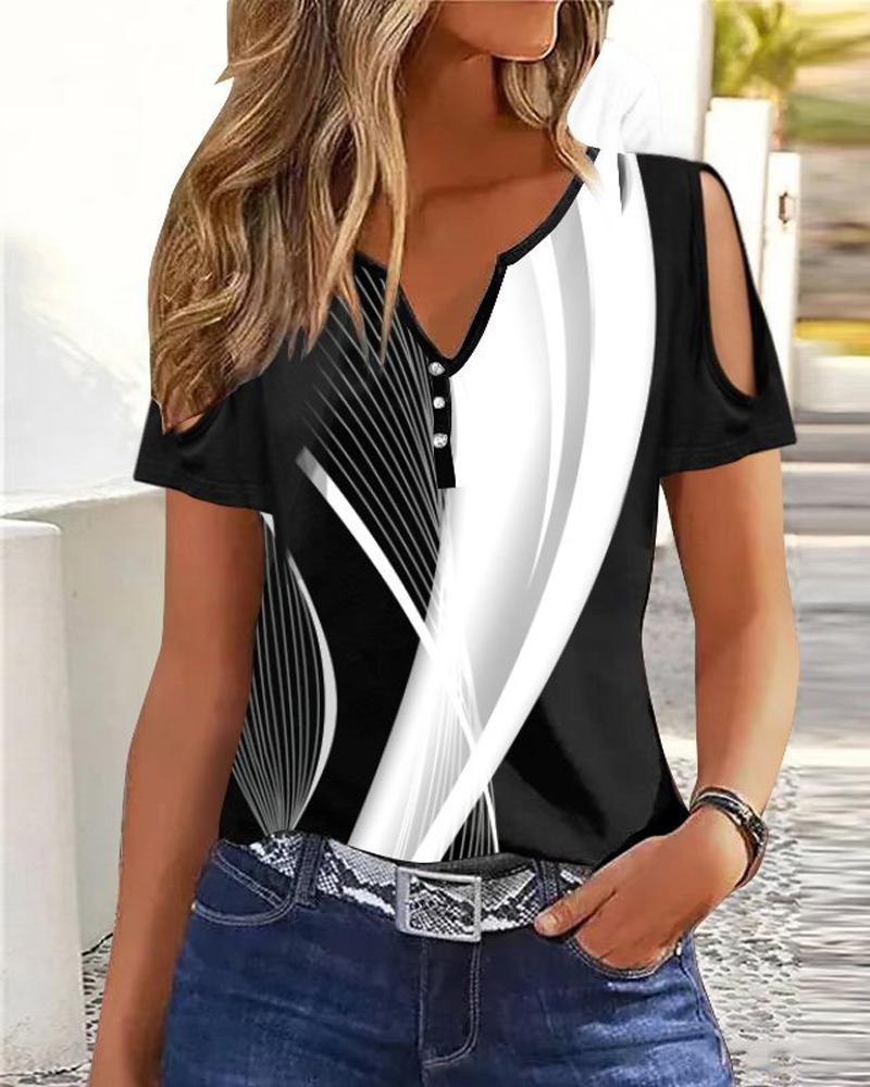 Abstract Print Colorblock Split Sleeve T-shirt