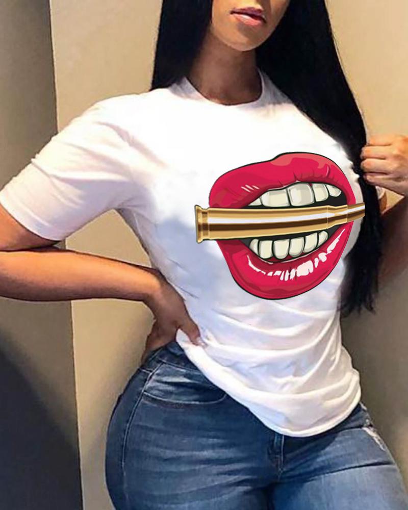 

Graphic Lip Print Short Sleeve Casual T-shirt, Style1