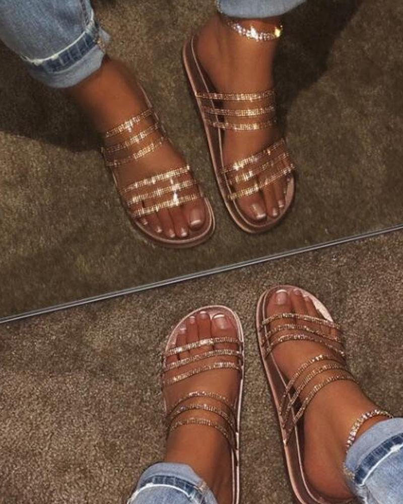 

Sequin Double Strap Slide Sandals, Gold