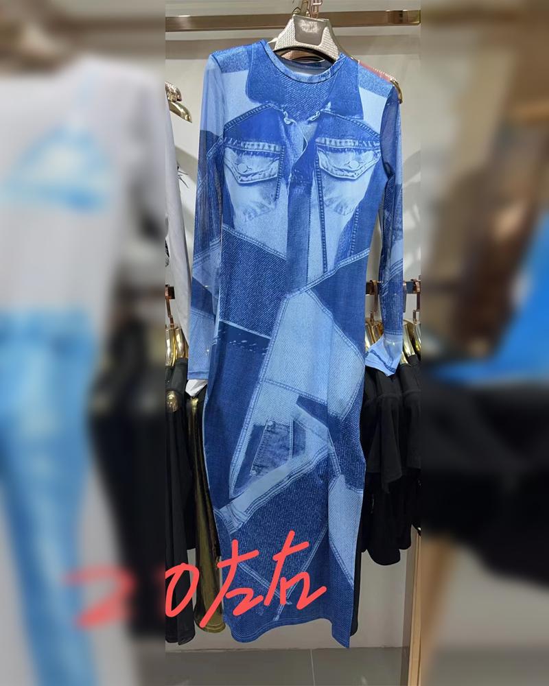 

Denim Look Print O-neck Bodycon Dress, Blue