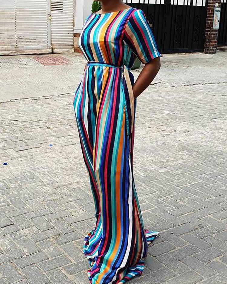 

Rainbow Color Striped Loose Casual Dress, Multicolor