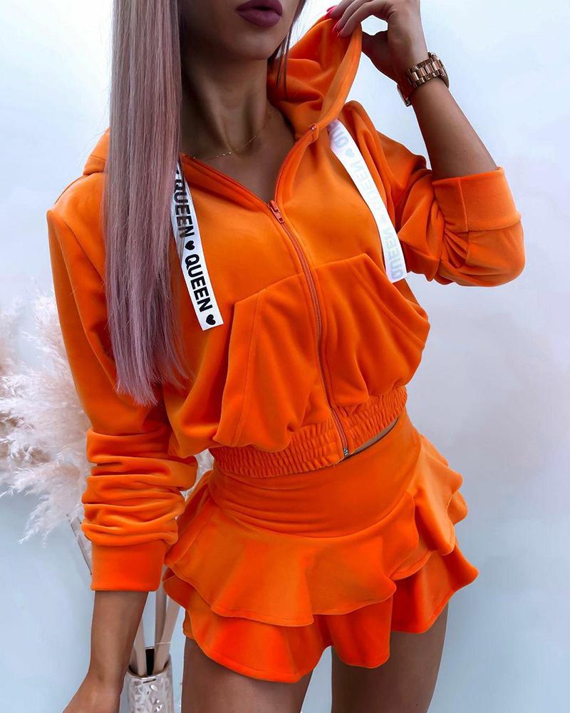 

Velvet Zip Up Hooded Top & Ruffle Hem Skorts Set, Orange