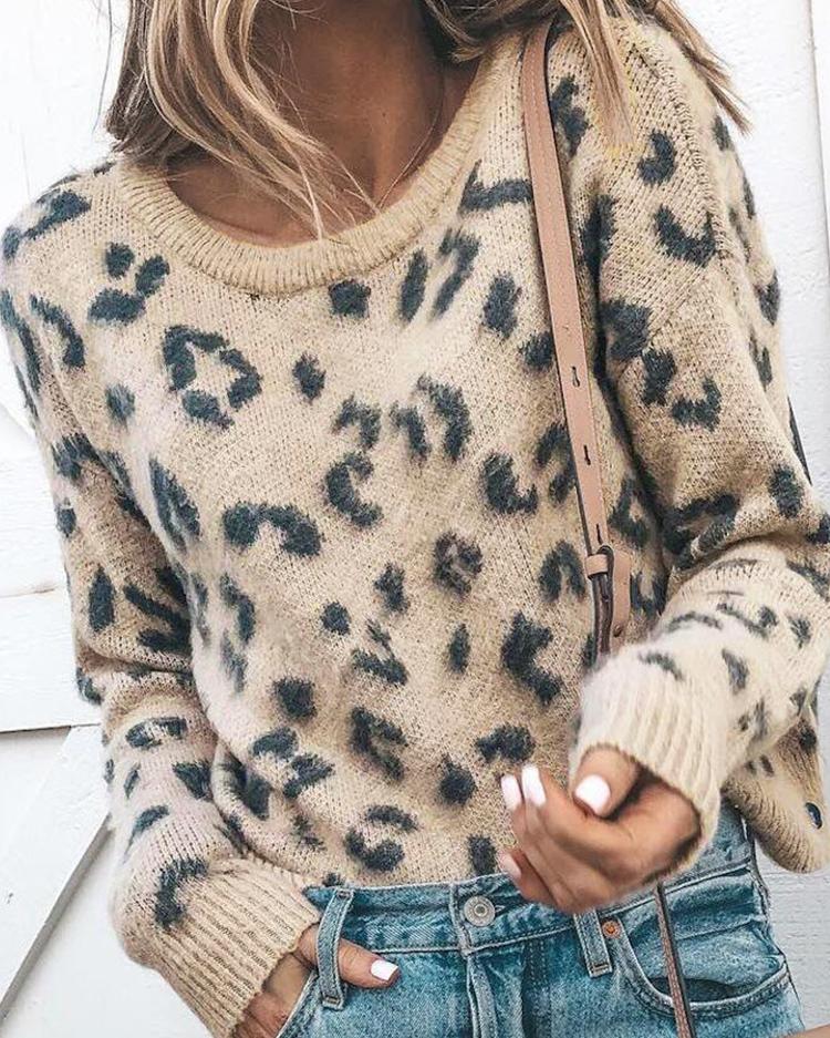 Suéter Casual Estampado Leopardo De Cuello Redondo