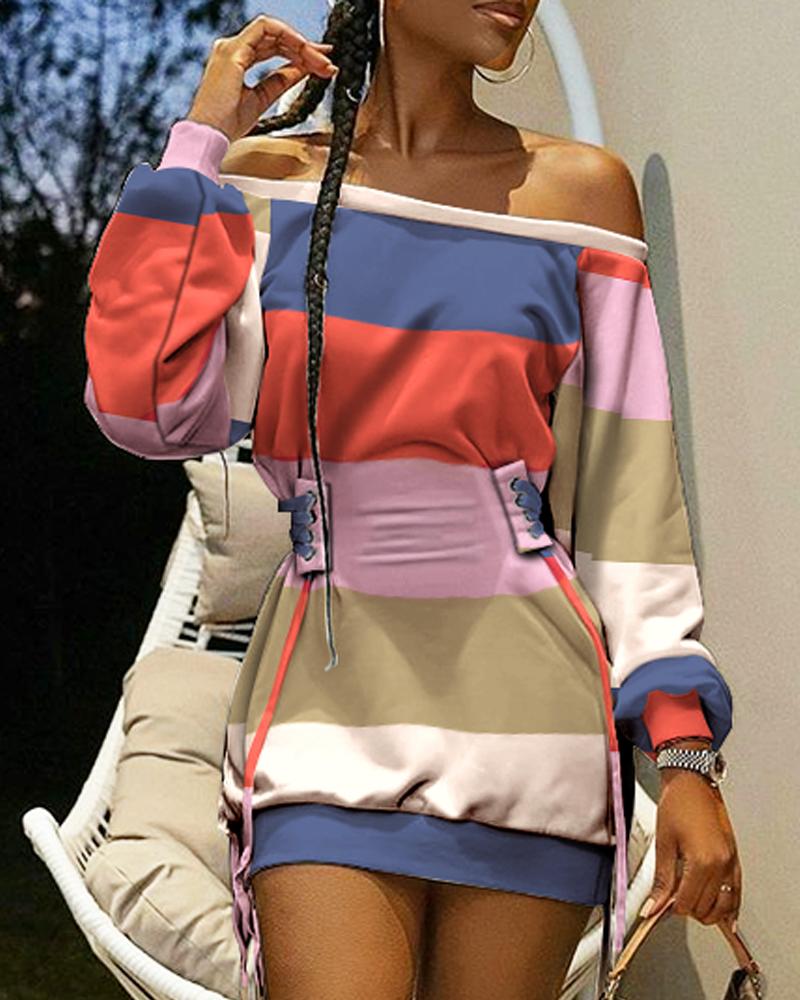 

Striped Pirnt Colorblock Off Shoulder Lace-Up Sweatshirt Dress, Multicolor