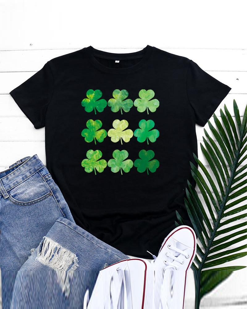 

St. Patrick' Day Clover Print Casual T-shirt, Black