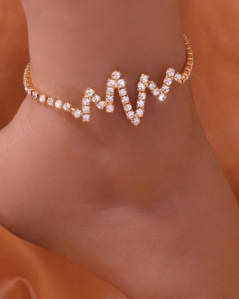 

1pcs Electrocardiogram Rinestone Chain Anklet, Gold